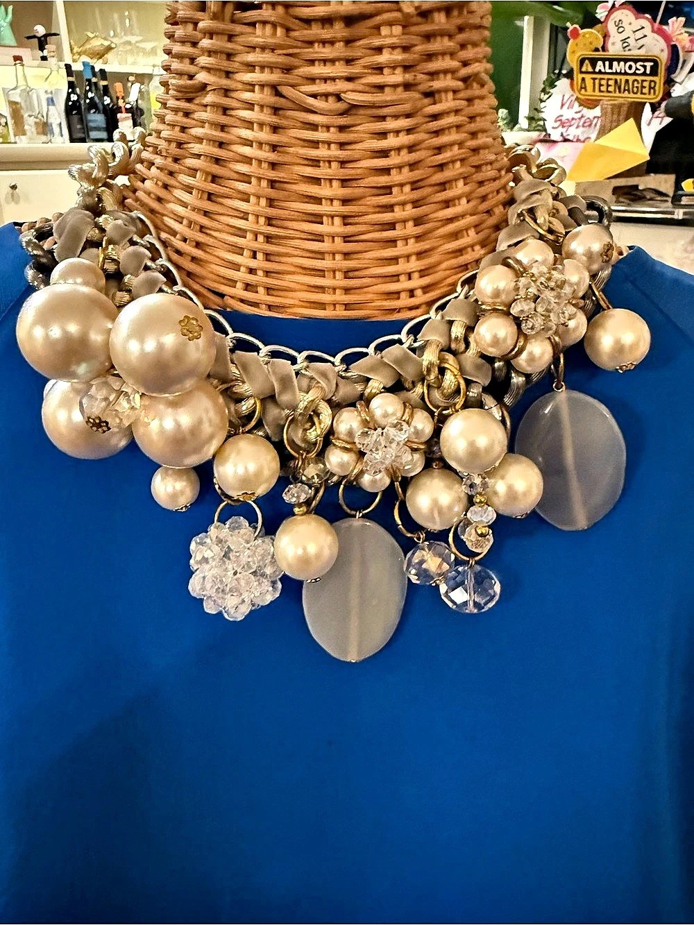 Y2K 2010s Pearl Crystal Statement Bib Necklace Velvet Chain J.Crew Style